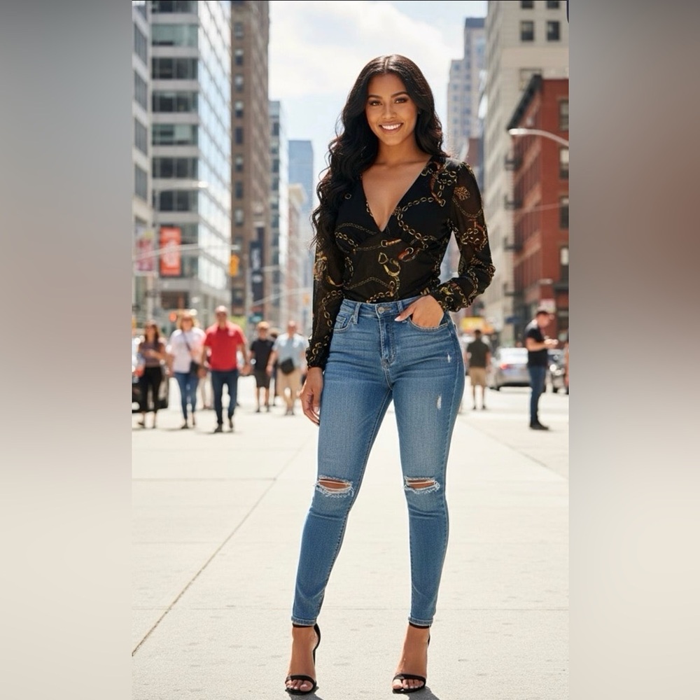 Fashion Nova Black Chain Print Long Sleeve Bodysuit